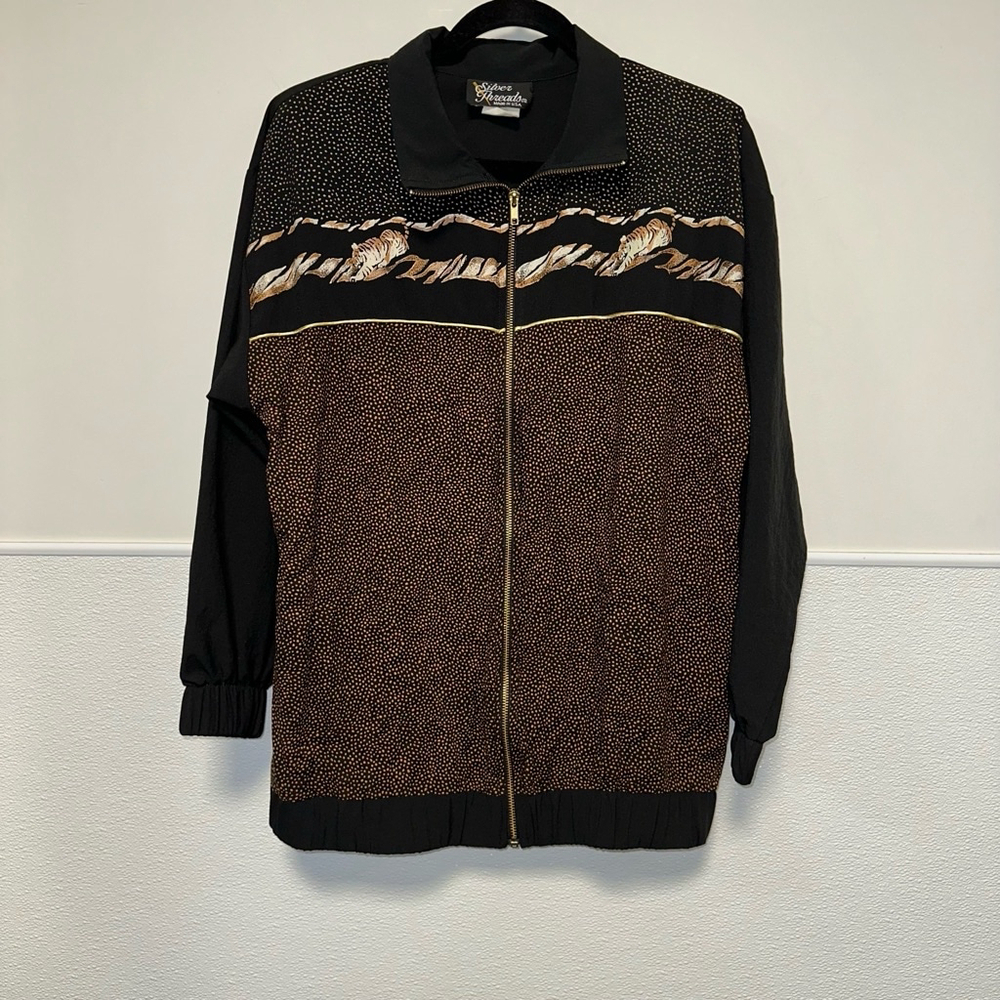 Vintage 1990's Silver Threads Windbreaker Full Zip Cheetah / Tiger Jacket Sz Med